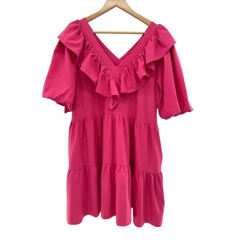 Entro Womens Tiered Puff Sleeve Mini Dress Hot Pink‎ Ruffle V Neck Large